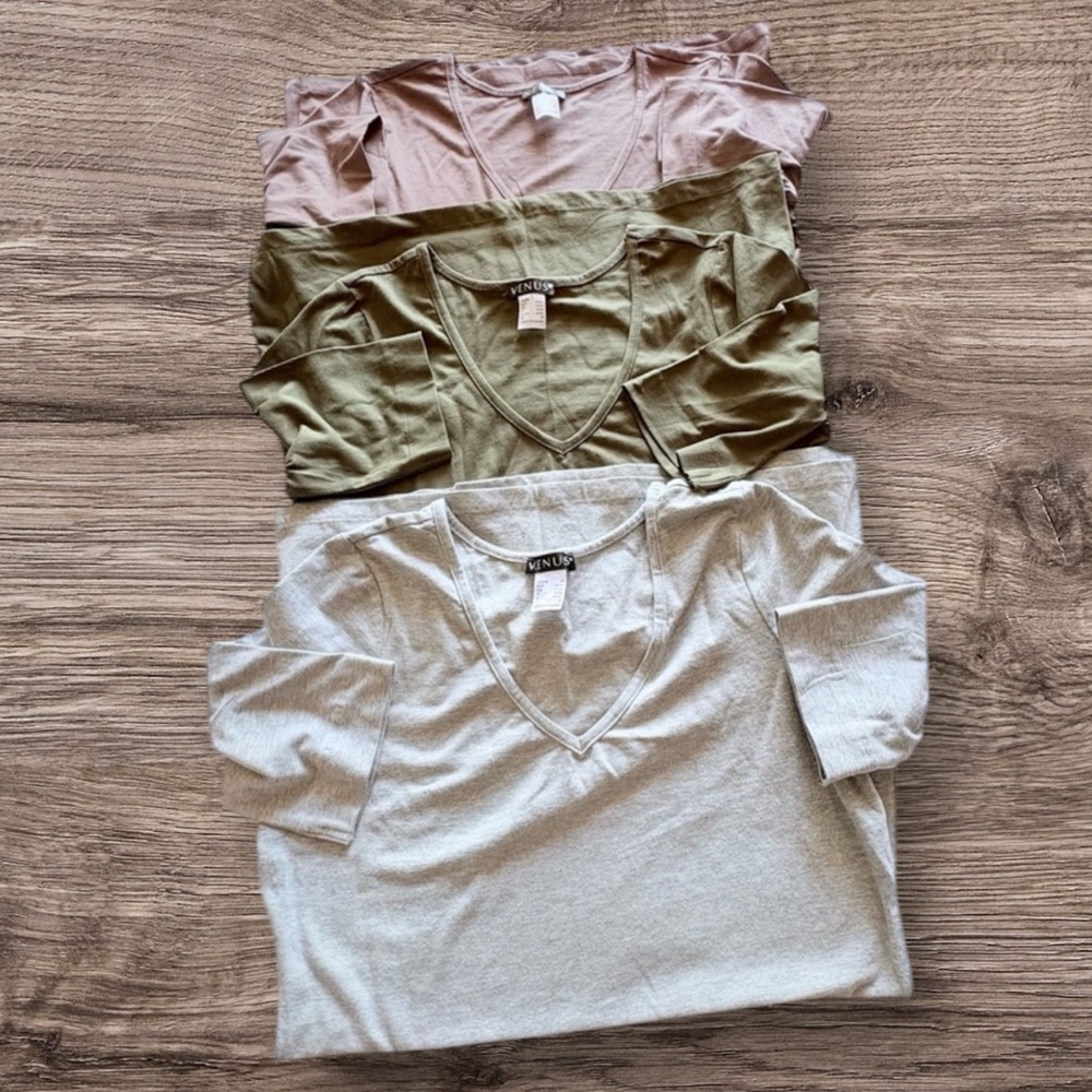 bundle of 3 VENUS Long Sleeve V-Neck Tops - Gray, Olive, Pink